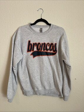 Gildan Gray Crewneck Sweatshirt with Navy and Orange Broncos Script